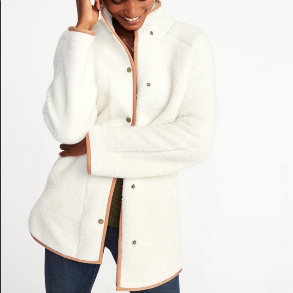 Old Navy Faux Sherpa Long Coat White Brown Trim size xs